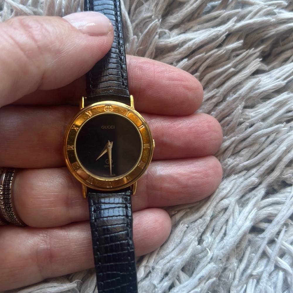 Vintage 1980s Gucci watch with new battery and new leather wrist strap